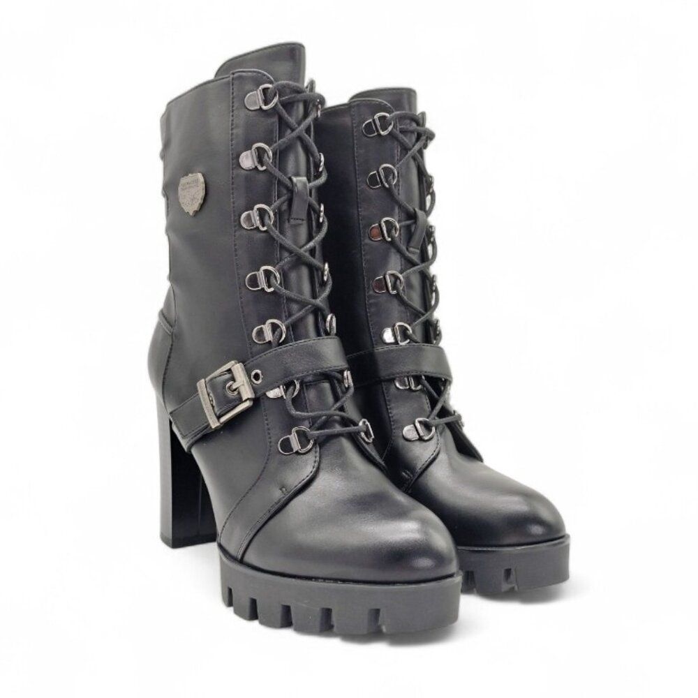 Milwaukee Women's Size 9 Black Lace Up Buckle Strap Block Heel Moto Boots